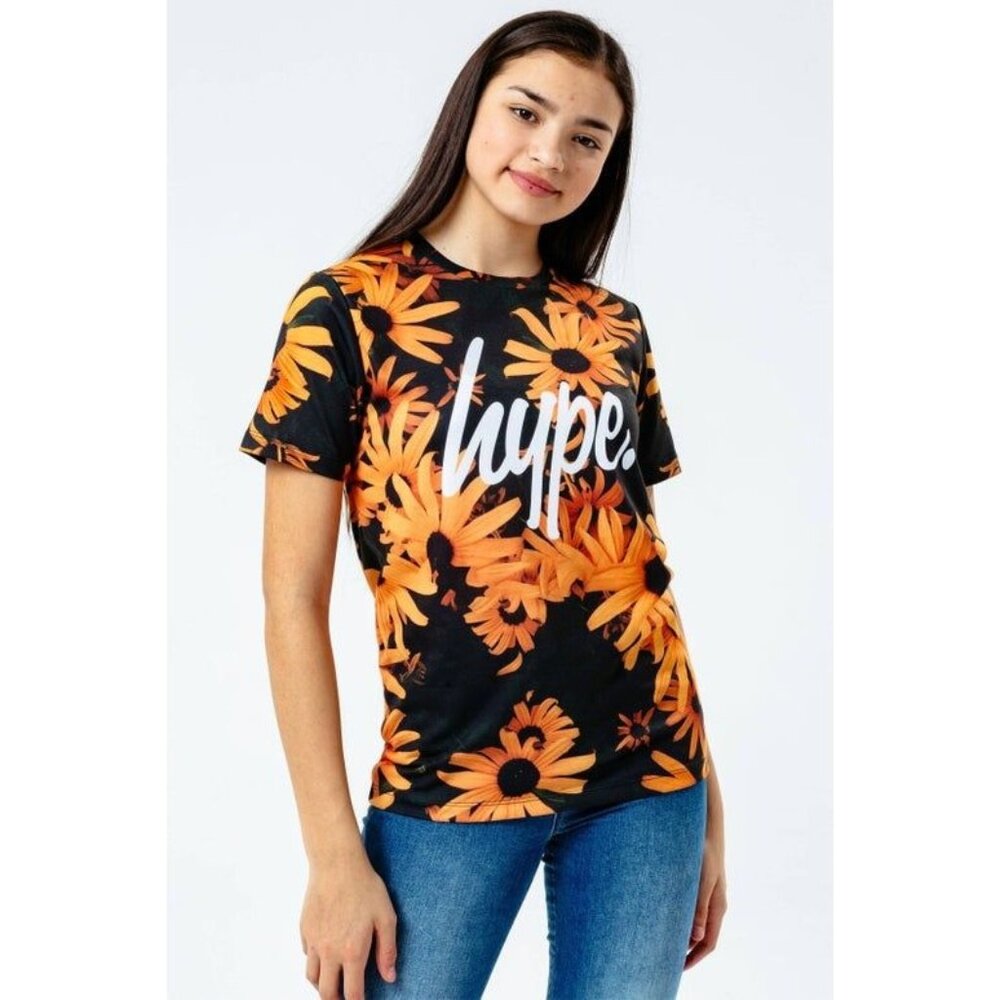 Hype Black & Orange Floral T-Shirt 11-12Y Graphic Tee For Kids